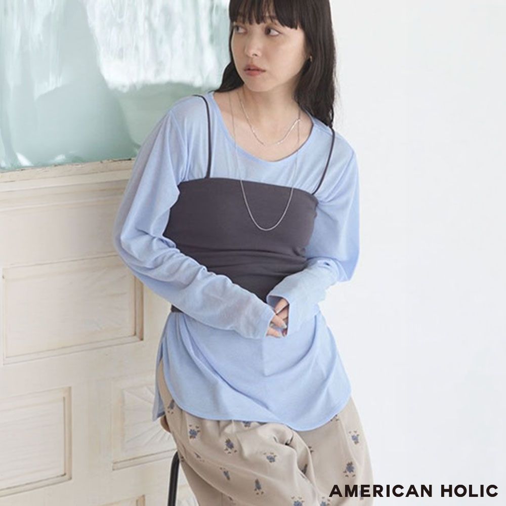 〔AMERICAN HOLIC〕側圓弧開衩薄紗圓領上衣