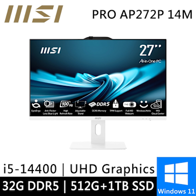 MSI微星 微星 PRO AP272P 14M-633TW-SP5 27型 白(i5-14400/32G/512G+1TB/W11)特仕版
