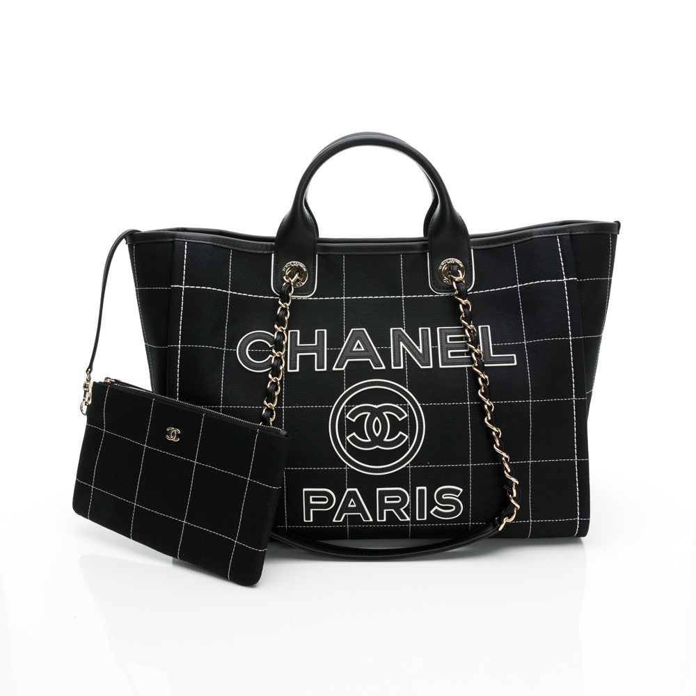 CHANEL香奈兒 Deauville字母LOGO格紋縫線設計帆布鏈帶手提斜包(黑/白方格縫線)