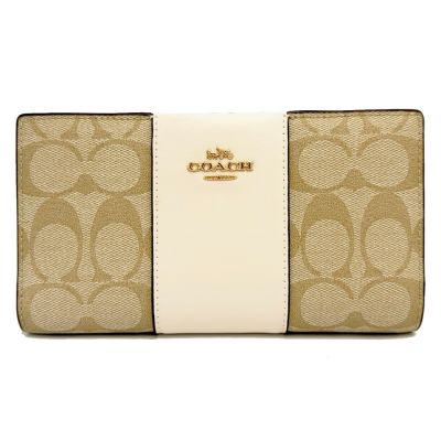 COACH 經典C LOGO雙開多卡夾拉鍊零錢袋長夾(米白)