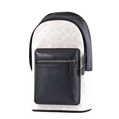 COACH 男款 緹花LOGO防刮拚小牛皮單肩背胸包-白/黑