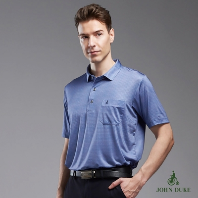 【JOHN DUKE約翰公爵】男裝吸濕速乾涼感彈性印花胸袋休閒短袖POLO衫 藍(99-3V1101)