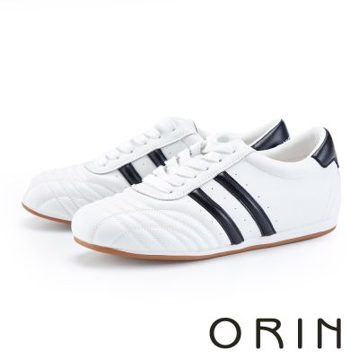 ORIN 個性條紋真皮綁帶休閒鞋 白+黑