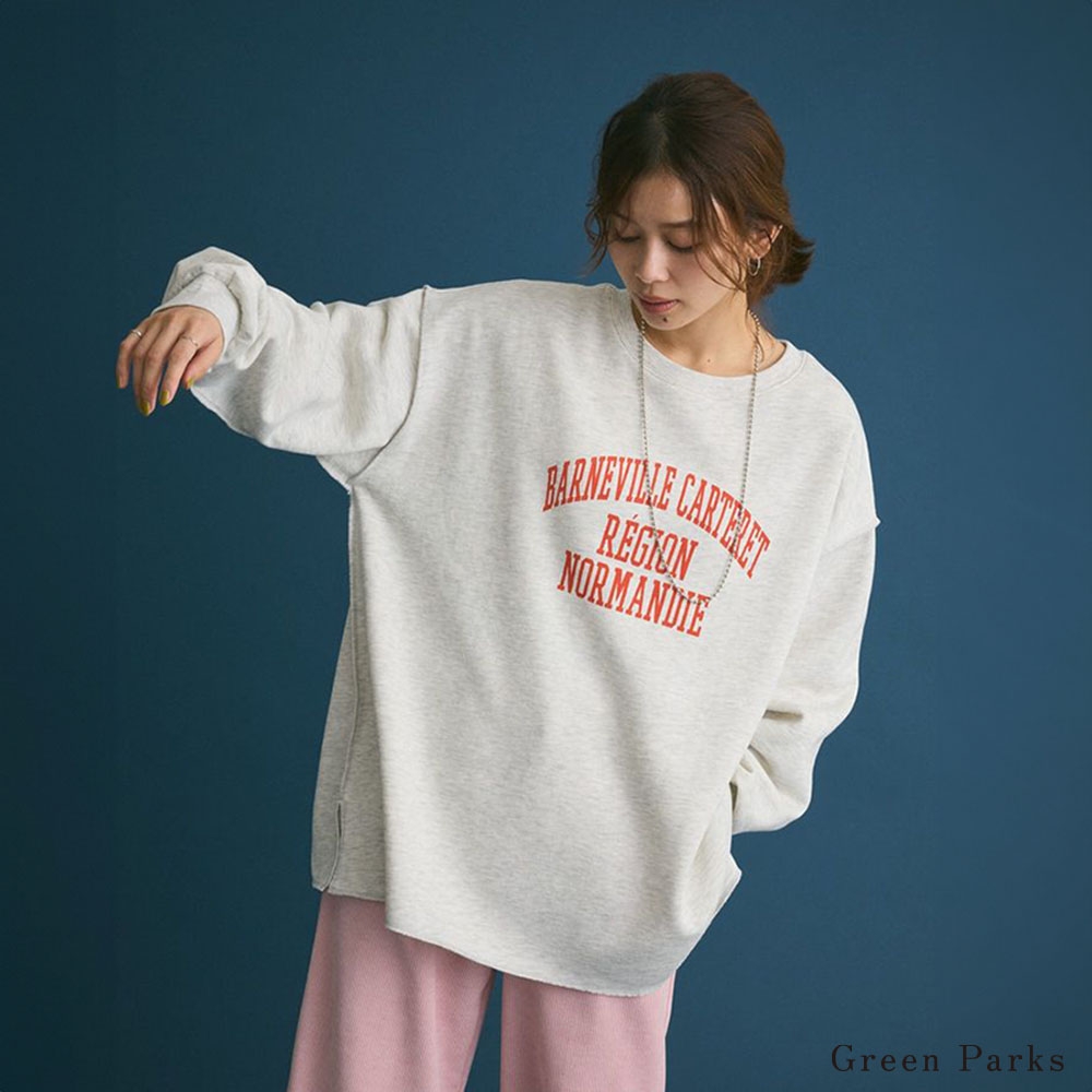 Green Parks 復古配色英文標誌落肩拼接休閒上衣