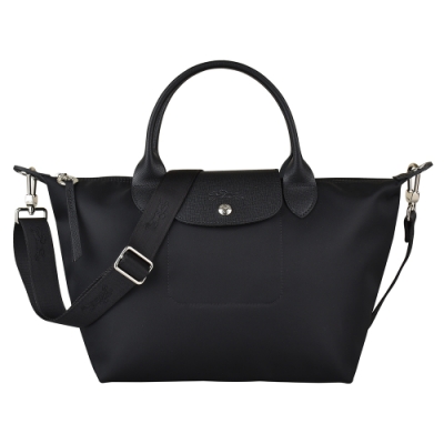 LONGCHAMP LE PLIAGE NEO壓印LOGO尼龍短把拉鍊可調背帶手提斜背包(小/黑)