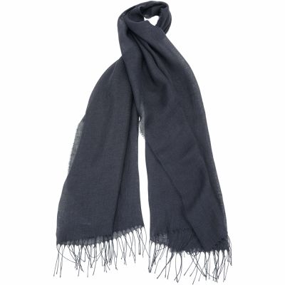 Max Mara-WEEKEND WKASIONBIO 蝴蝶刺繡純亞麻深藍細流蘇披肩 圍巾(189x70)