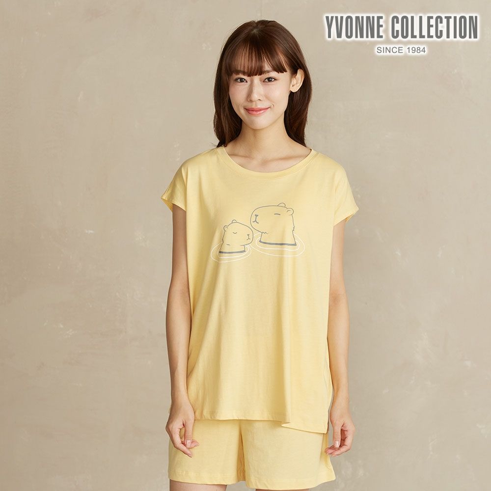 YVONNE 以旺傢飾【薄荷紗】網路限定 | 水豚網印短袖上衣-金合歡黃