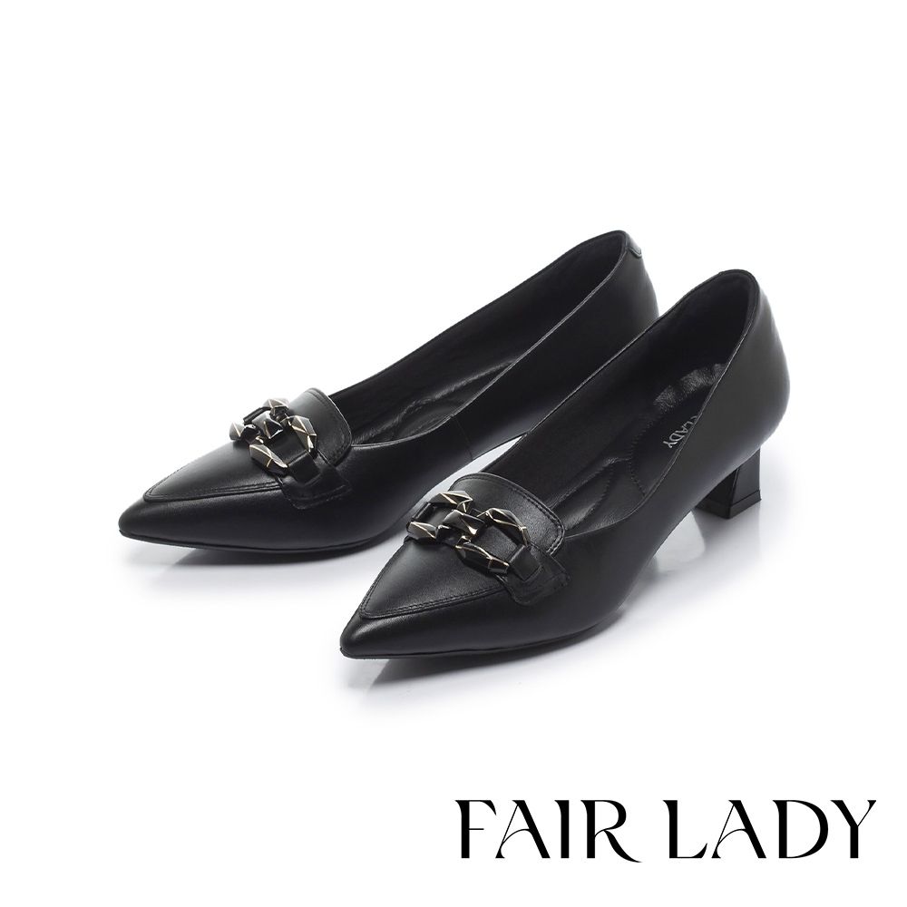 FAIR LADY 芯太軟 時髦鏈條尖頭小貓中跟樂福鞋 黑 (603060)