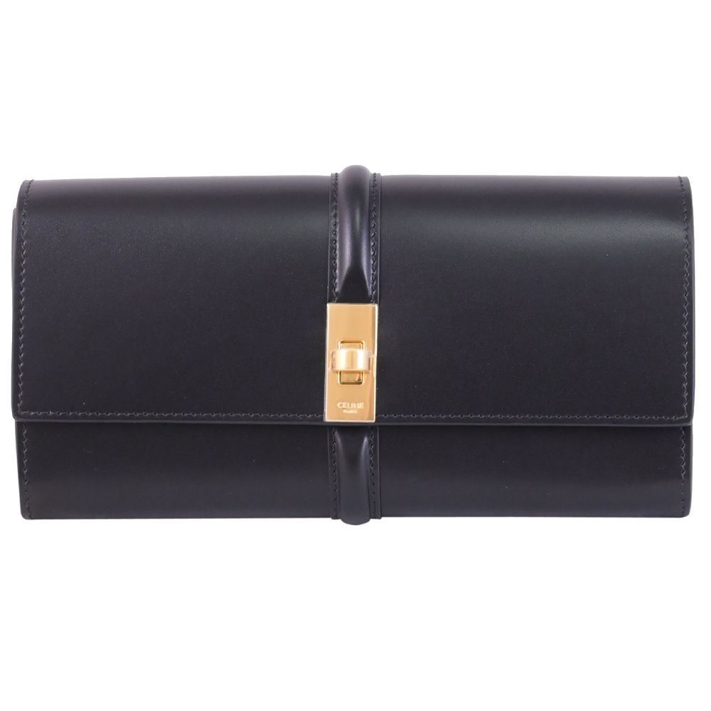 CELINE 16系列 金屬旋轉鎖扣緞面牛皮翻蓋式長夾(黑)