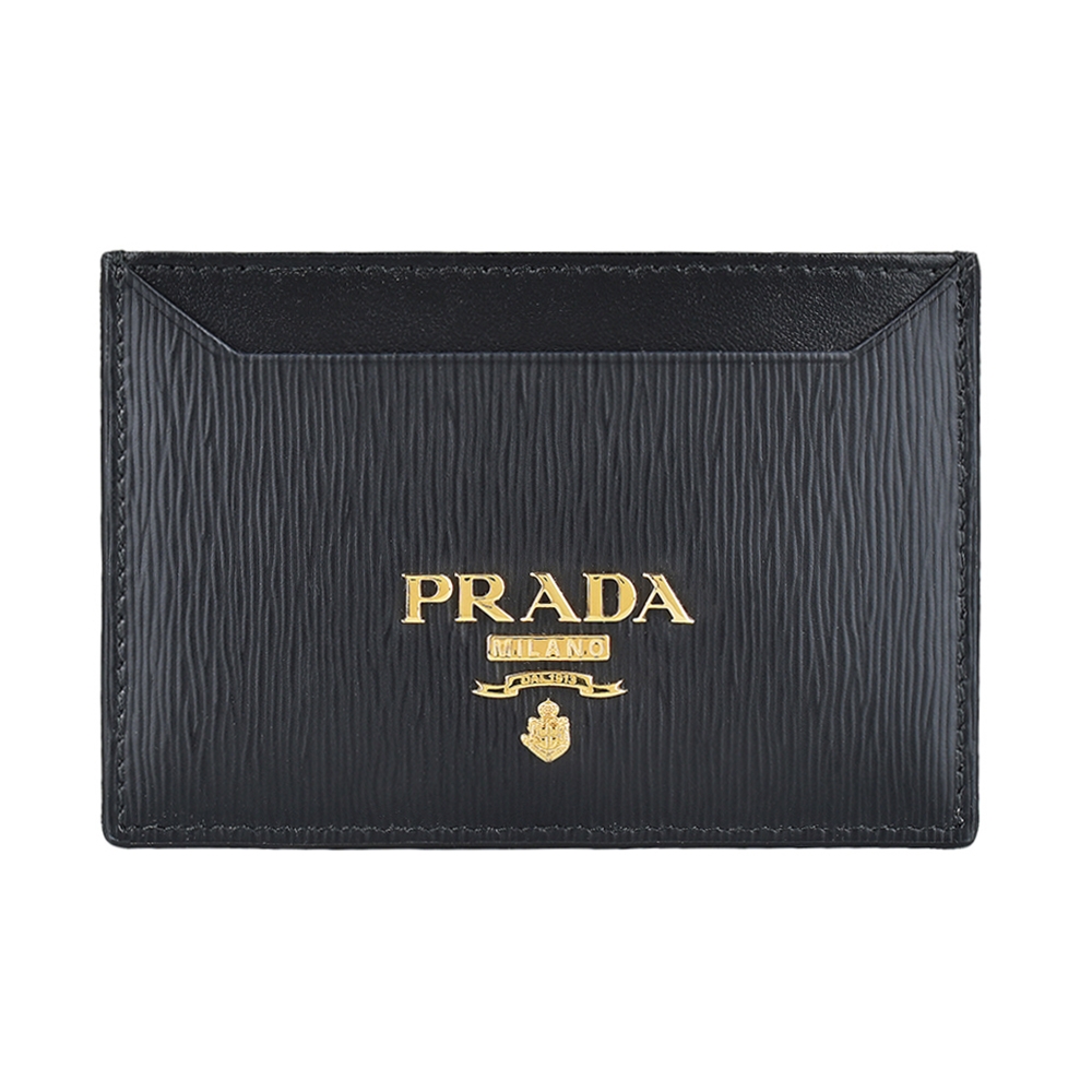 PRADA 普拉達 立體字母LOGO水波紋PVC 2卡開口式卡片夾(黑)