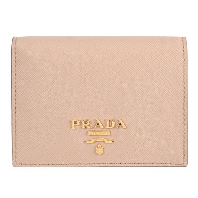 PRADA 金屬浮雕LOGO防刮皮革對開扣式零錢短夾(沙色)