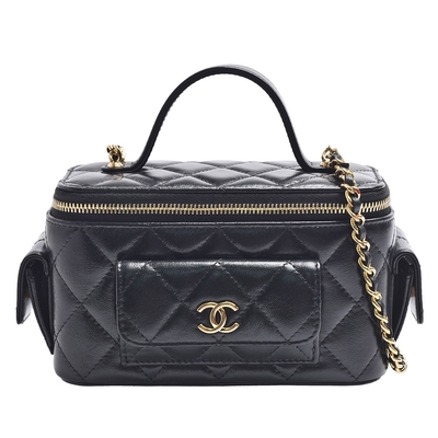 CHANEL香奈兒 CHANEL 經典雙C LOGO菱格紋小羊皮多口袋拉鍊手提/斜背包(黑)
