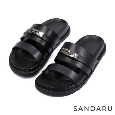 山打努SANDARU-拖鞋 金屬鎖扣設計平底拖鞋-黑