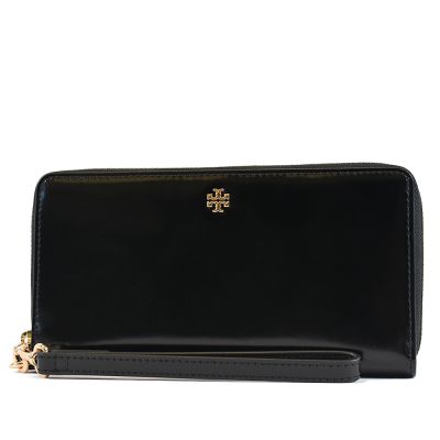 TORY BURCH EMERSON 金字LOGO亮面拉鍊手掛長夾-黑色
