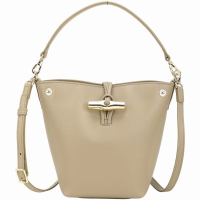 LONGCHAMP Le Roseau XS 竹節鎖釦滑面牛皮手提/斜背水桶包(灰褐)