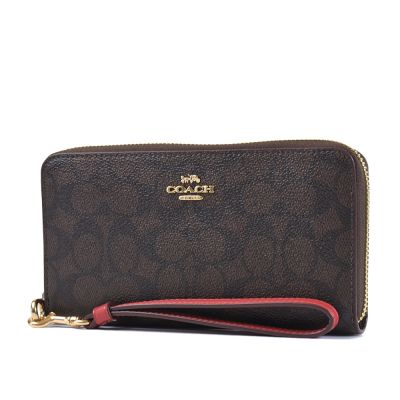COACH 緹花LOGO防刮皮革手掛式拉鍊長夾-咖啡/紅