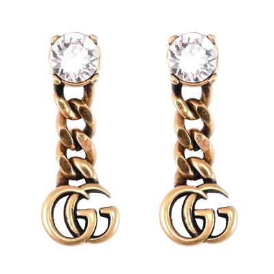 GUCCI Crystal Double G 吊墜式耳環(古銅金)
