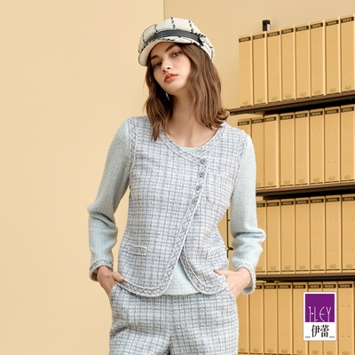 ILEY伊蕾 雪藍花呢格紋假兩件上衣(淺藍；M-XL)