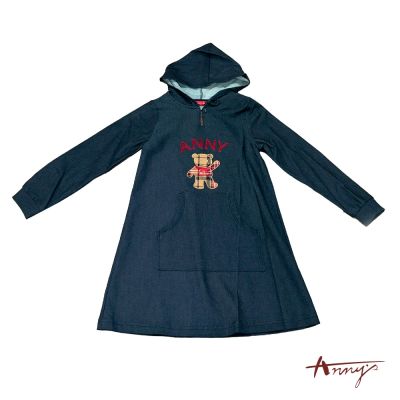 Annys安妮公主-休閒格紋熊熊連帽秋冬洋裝*3412 藍色
