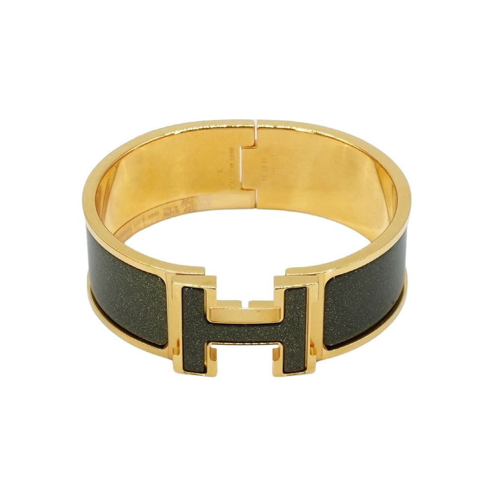 二手品 Hermes 愛馬仕 Clic H Logo星光琺瑯寬版手環-PM(灰綠/金)