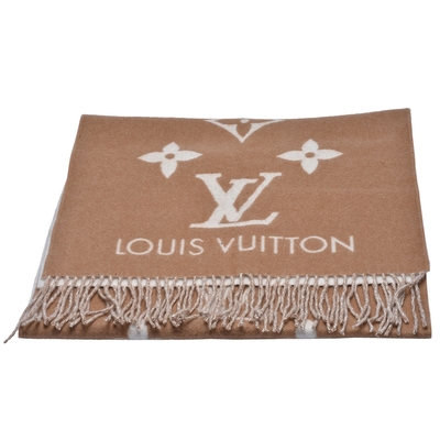 LV Louis Vuitton路易威登 M76067 Reykjavik系列Monogram織花羊絨雙面針織圍巾(黃褐色)