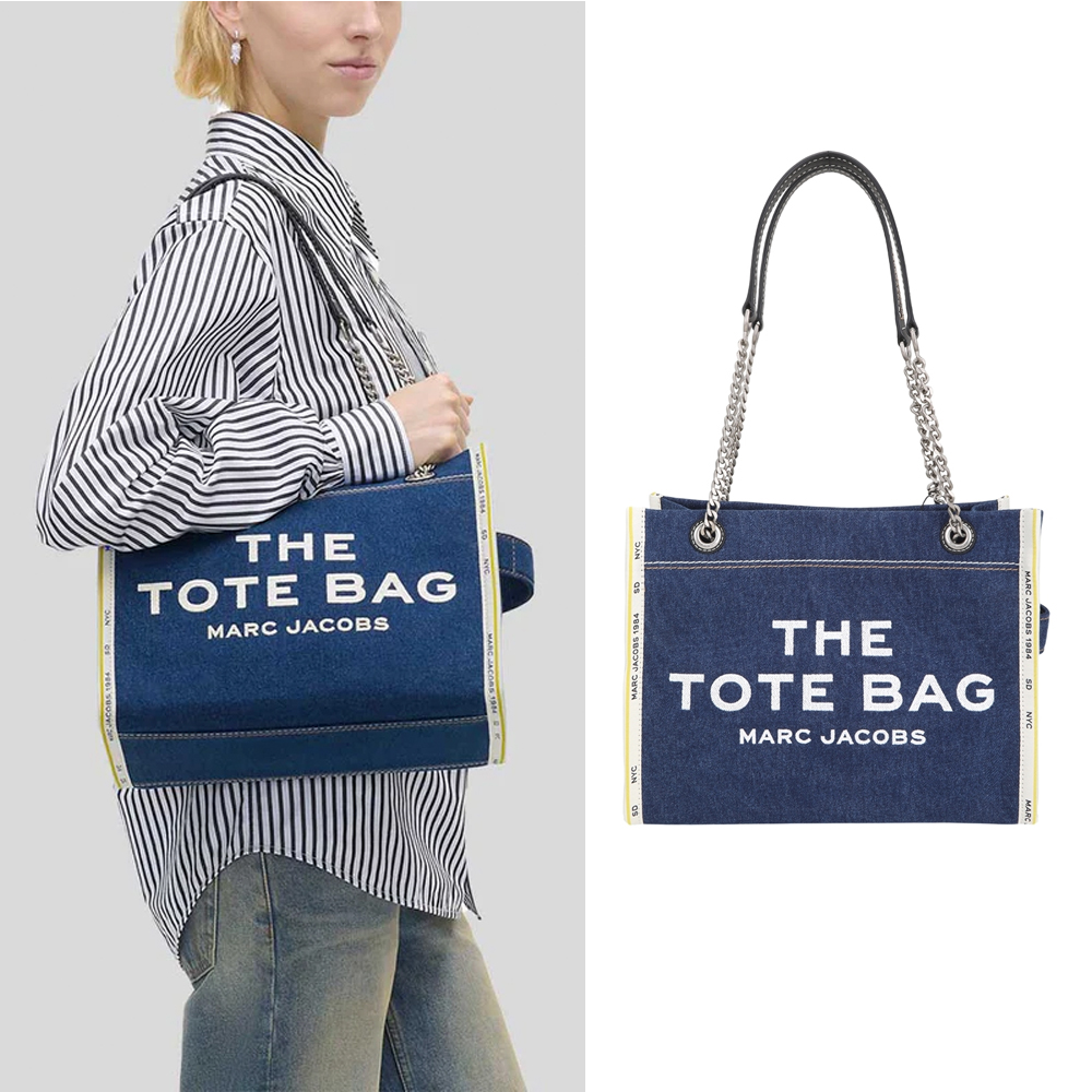 MARC JACOBS THE Denim 中款 鍊帶肩背帆布托特包(深藍)