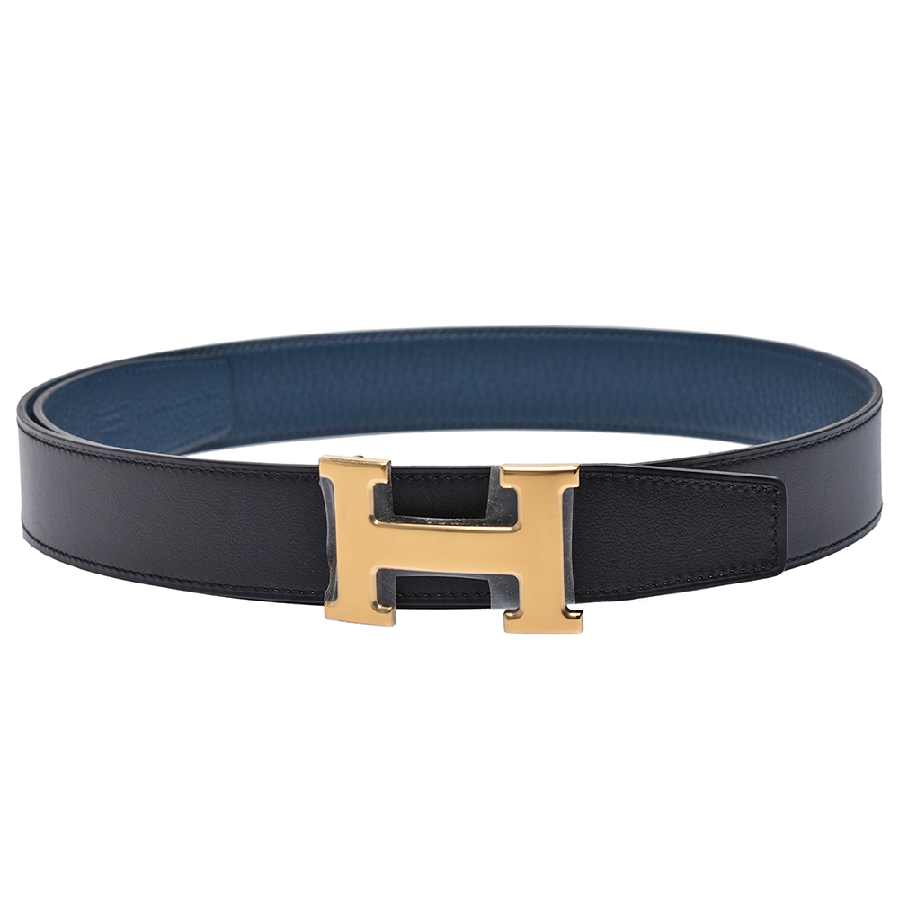 HERMES 經典金色H LOGO雙面兩穿小牛皮腰帶/皮帶(黑/藍) | 精品服飾/鞋子| Yahoo購物中心