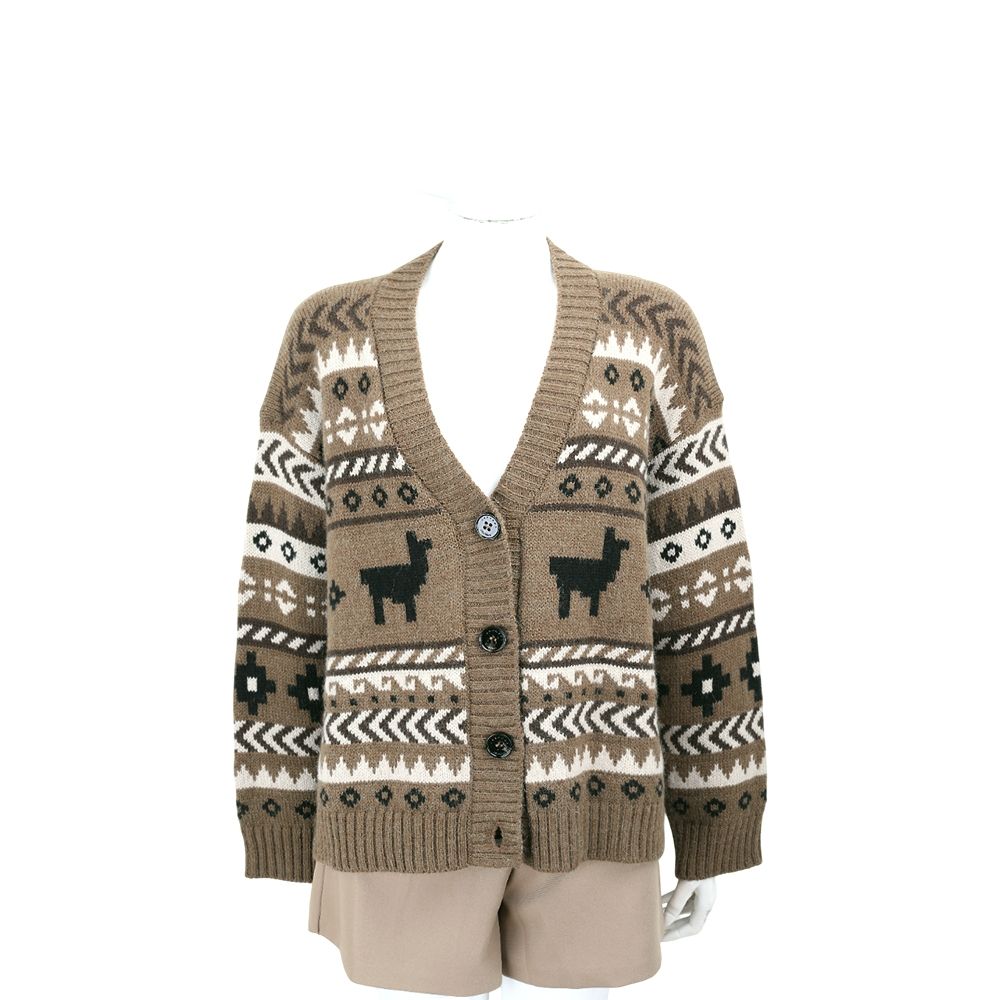 Max Mara-WEEKEND OVATTA 羊駝毛x羊毛 幾何提花圖樣墨綠混紡針織衫 開襟外套