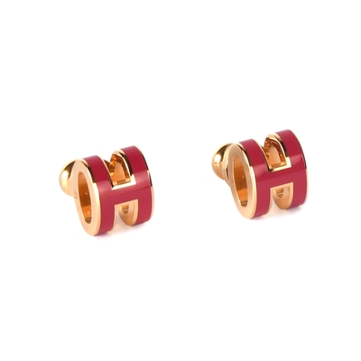 HERMES Mini Pop H 經典迷你字母LOGO針式耳環-桃紫/金