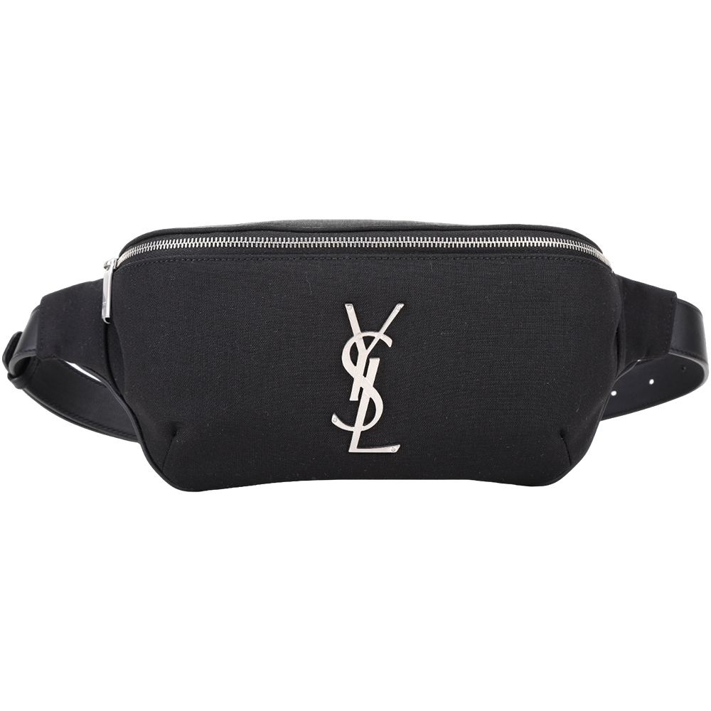 YSL Saint Laurent MONOGRAM 銀字帆布牛皮胸肩背/腰包(黑色)