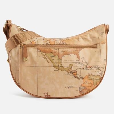 Alviero Martini 義大利地圖包 輕量尼龍水餃前口袋斜側背包36cm-地圖黃