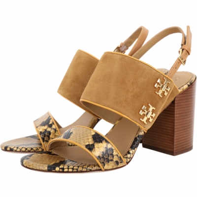 TORY BURCH Kira 蛇紋壓花牛皮拼接粗跟涼鞋(棕色)