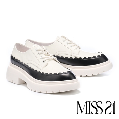 厚底鞋 MISS 21 精緻荷葉邊學院風牛皮撞色拼接綁帶厚底鞋-米白