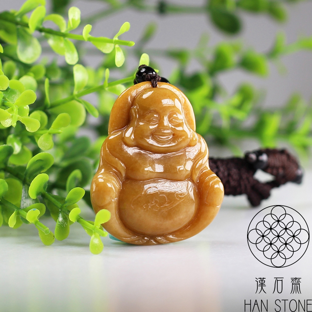 漢石齋】天然A貨黃翡種翡翠彌勒佛玉佩吊墜(40*42*11mm) | 漢石齋