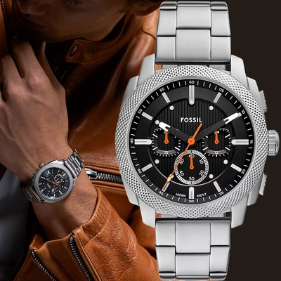 FOSSIL Machine 簡約撞色工業風三眼計時手錶 開學購物季 送禮首選-銀x黑/44mm FS6095