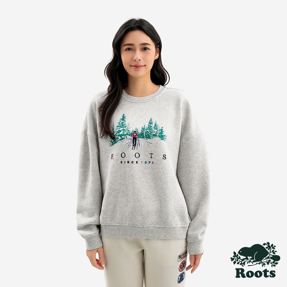 Roots女裝- ALPINE GOODS LANDSCAPE 圓領上衣 -白麻灰
