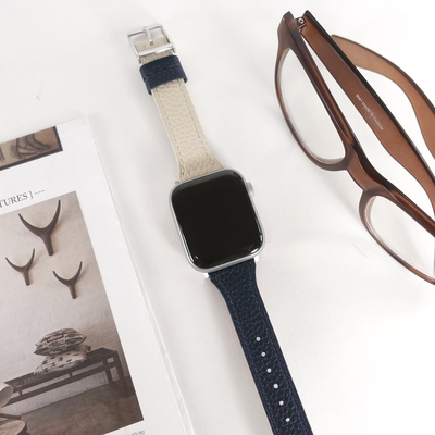 Apple Watch 全系列通用錶帶 蘋果手錶替用錶帶 雙色真皮錶帶-深藍x米白色