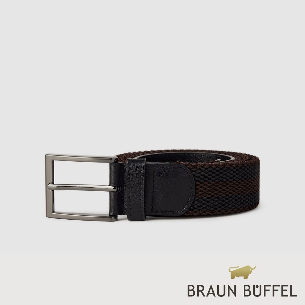 【BRAUN BUFFEL 德國小金牛】台灣總代理 都會時尚 黑咖編織伸縮皮帶-鎗色/BF26B-WEG064-GUN
