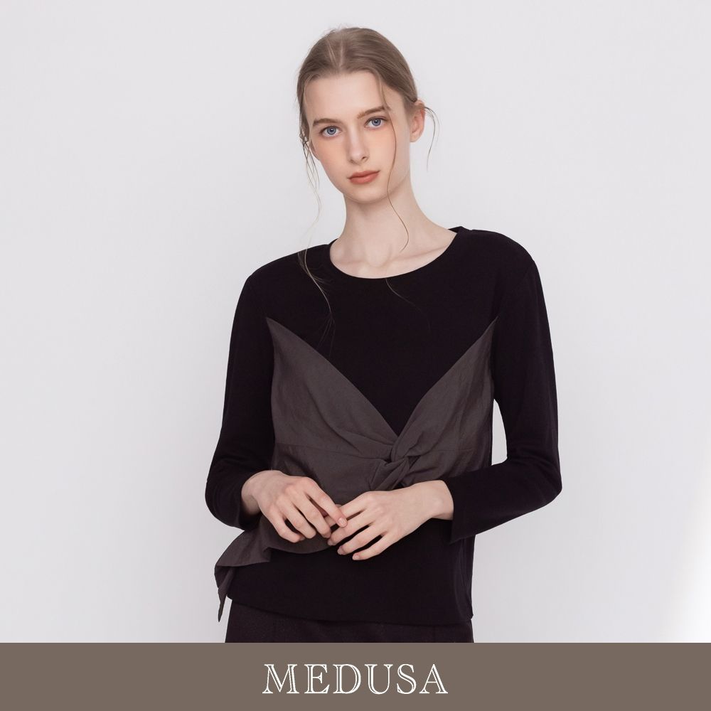 現貨【MEDUSA 曼度莎】假兩件式法式扭結拼接T恤（M-XL）｜假兩件上衣 女長袖上衣