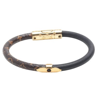 LouisVuitton路易威登 LV M6431F經典Monogram帆布半黑皮革交織手環(黑/棕)