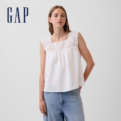 【GAP】亞麻混紡鉤編方領上衣-米白(897213)