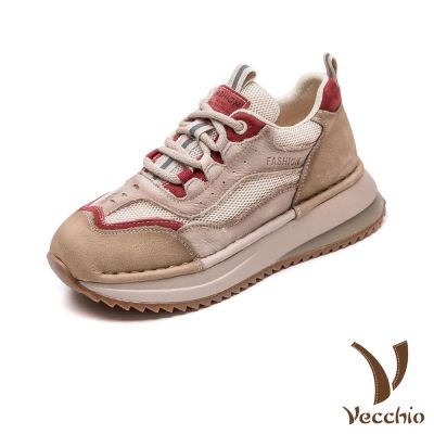 VECCHIO 真皮休閒鞋/真皮頭層牛皮個性復古網布拼接休閒鞋 紅