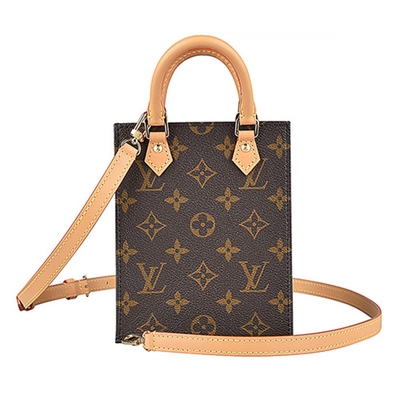 LOUIS VUITTON路易威登 LV M81295 PETIT SAC PLAT花紋LOGO Monogram帆布手提斜背包(迷你/咖啡)