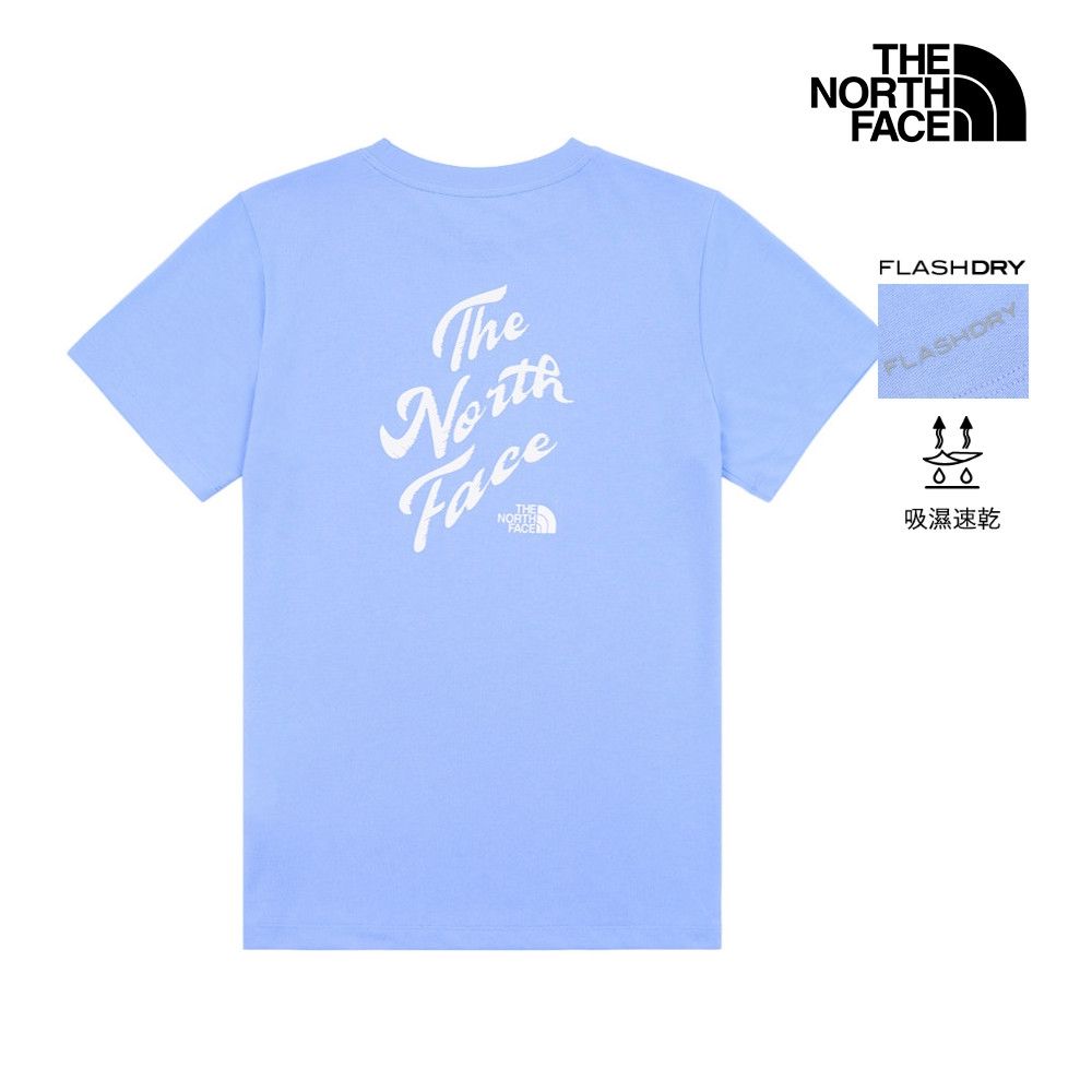 【The North Face 官方旗艦】北面女款藍色FLASHDRY速乾胸前印花短袖T恤｜8G7YG74 排汗衫