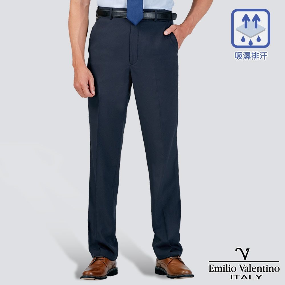 Emilio Valentino 范倫提諾吸濕排汗西褲-四色任選 (條紋平面 藍)