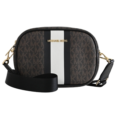 MICHAEL KORS JET SET TRAVEL 經典印花皮革條紋拉鍊斜背包(深咖/金釦)