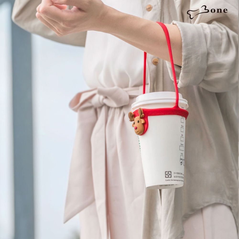 【Bone 蹦克】(兩入組) 角色環保杯綁 飲料提袋 環保矽膠飲料袋 (麋鹿先生)
