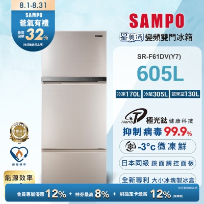 SAMPO聲寶 605公升一級變頻星美滿極光鈦三門冰箱[箱損品]含基本安裝+舊機回收