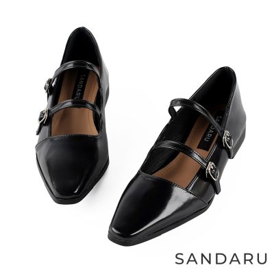山打努SANDARU-瑪莉珍 法式雙釦帶尖頭低跟鞋-黑