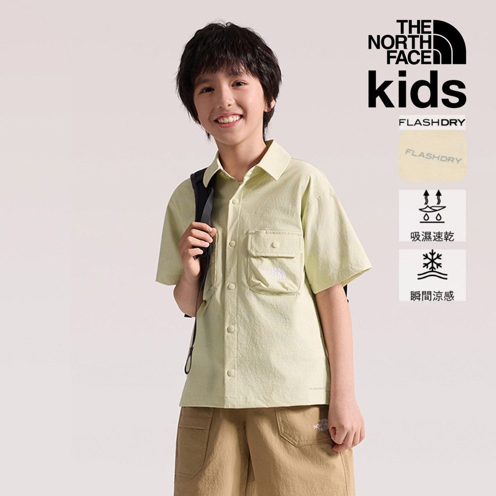 【The North Face 官方旗艦】北面兒童米色UPF50防曬短袖襯衫｜8G3DDOM 排汗衫
